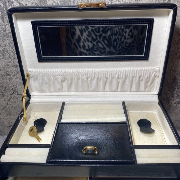 RETRO Black Jewellery Box Travel Case Faux Leather & Key Trays Mirror - Picture 6 of 10